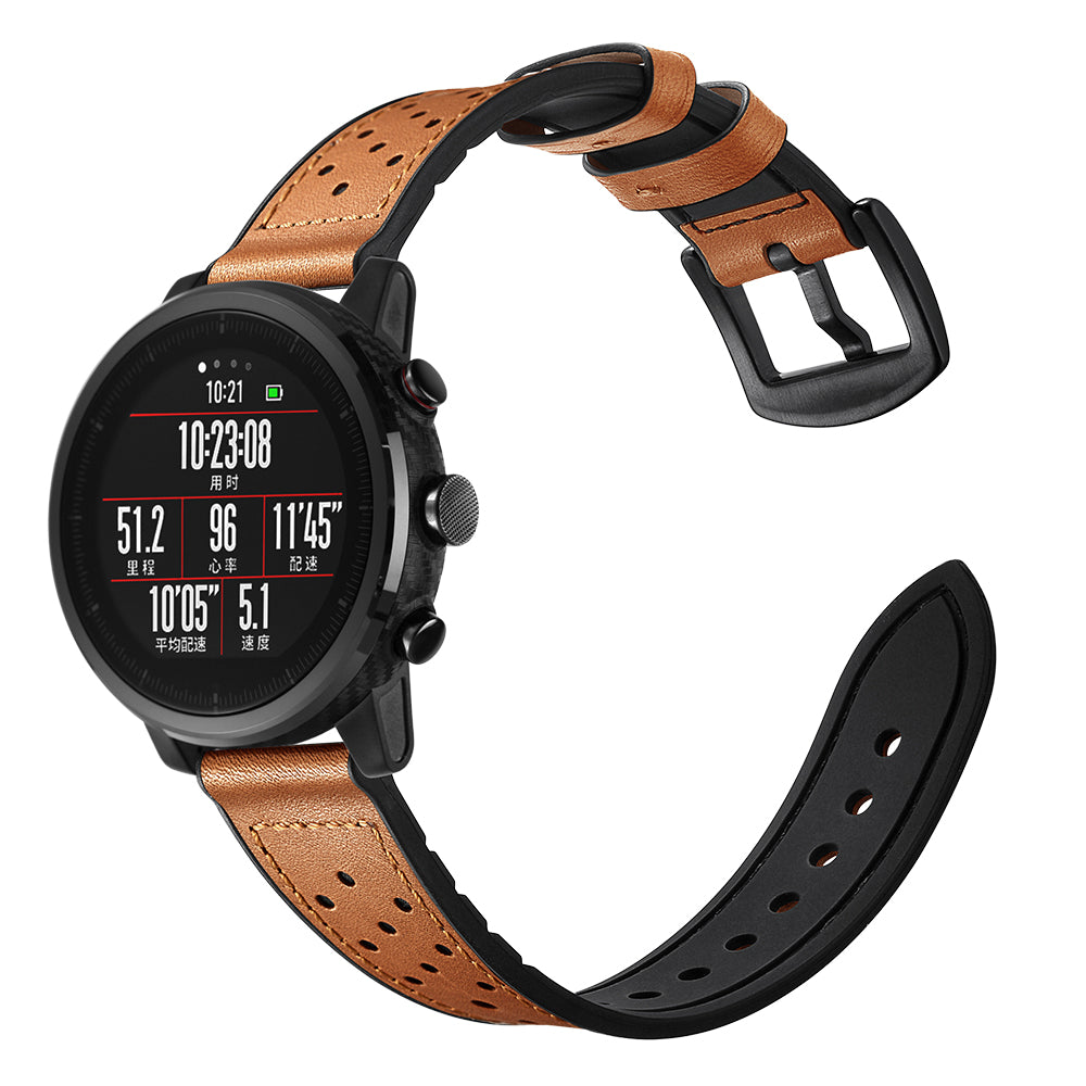 Uniqkart for Huami Amazfit Watch 2 with Holes Silicone Surface Cowhide Genuine Leather Smart Watch Band - Brown