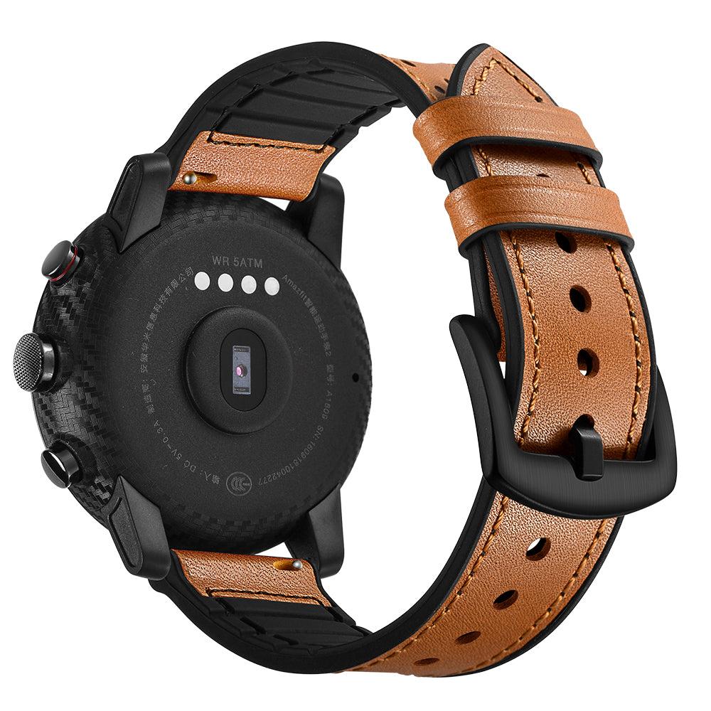 Uniqkart for Huami Amazfit Watch 2 with Holes Silicone Surface Cowhide Genuine Leather Smart Watch Band - Brown