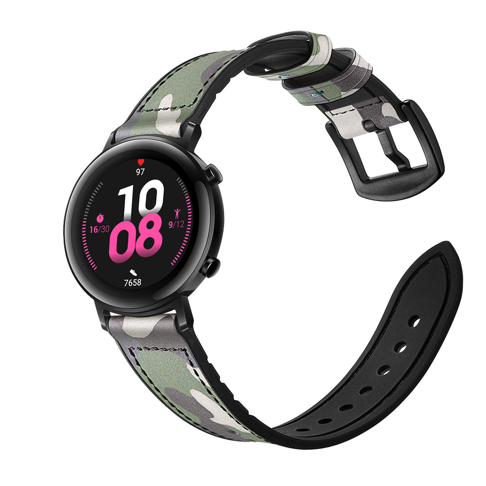 20mm Genuine Leather Coated Silicone Smart Watch Strap for Huawei Watch GT2 42mm - Green/Camoufage