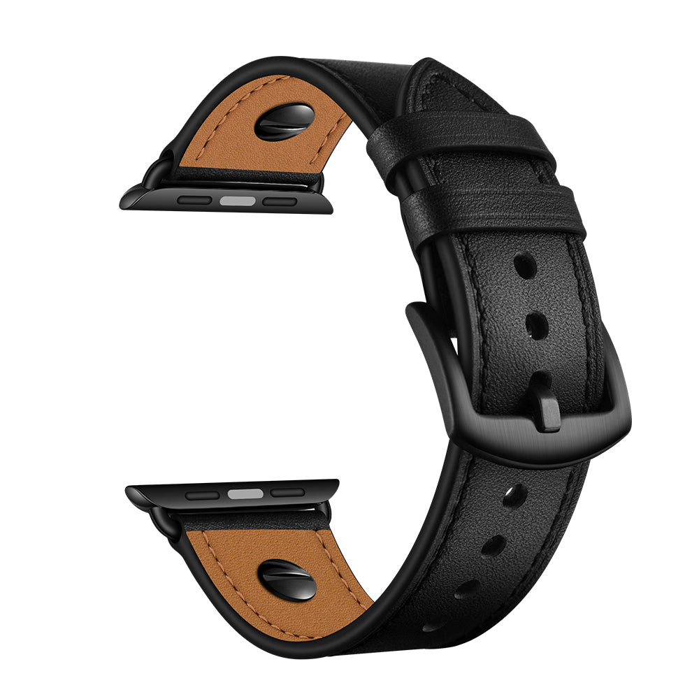 Rivet Decor Top Layer Genuine Leather Watch Strap Replacement for Apple Watch Series 8 45mm / Ultra 49mm / 7 45mm / Series 1 / 2 / 3 42mm / Series 4 / 5 / 6 / SE / SE (2022) 44mm - Black