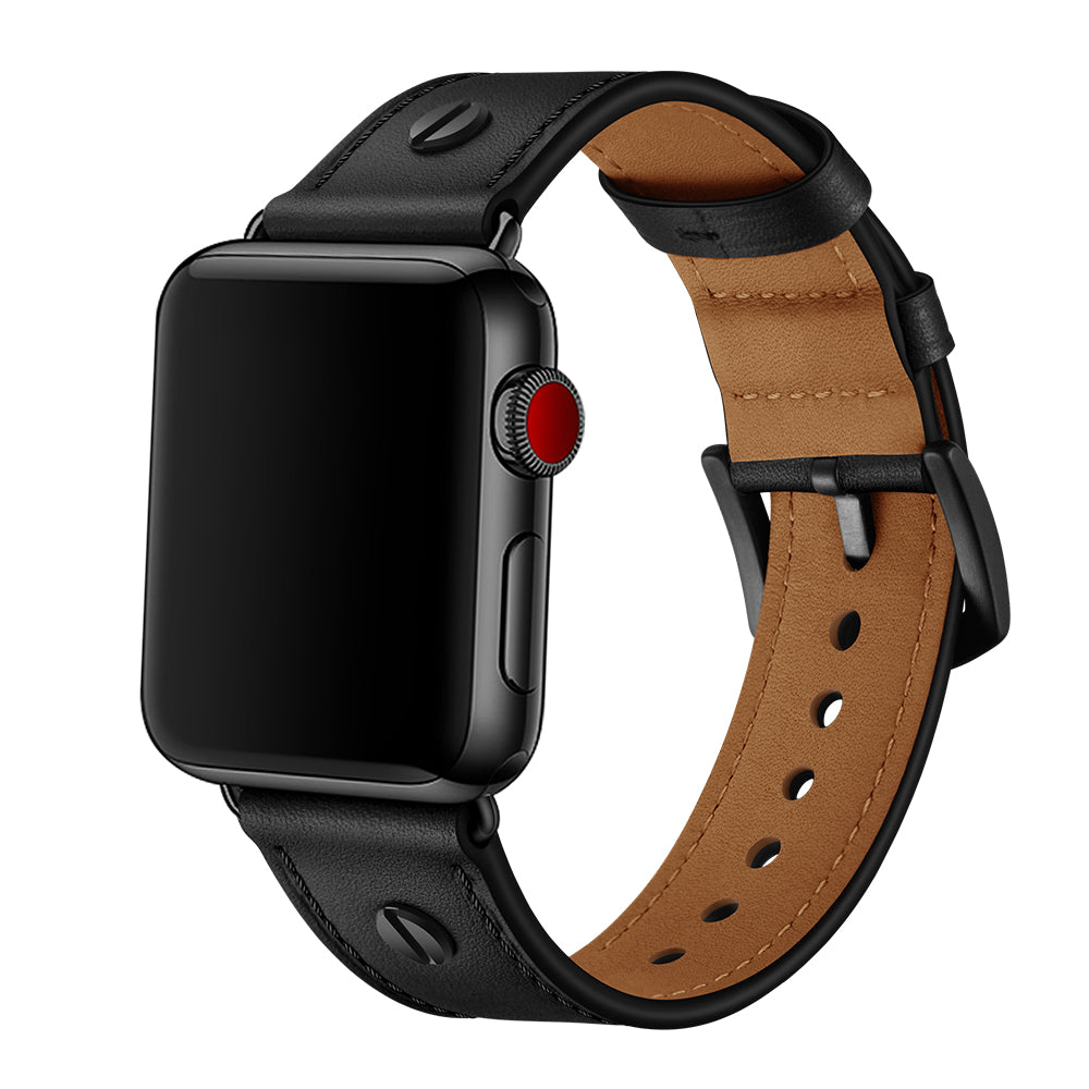 Rivet Decor Top Layer Genuine Leather Watch Strap Replacement for Apple Watch Series 8 45mm / Ultra 49mm / 7 45mm / Series 1 / 2 / 3 42mm / Series 4 / 5 / 6 / SE / SE (2022) 44mm - Black