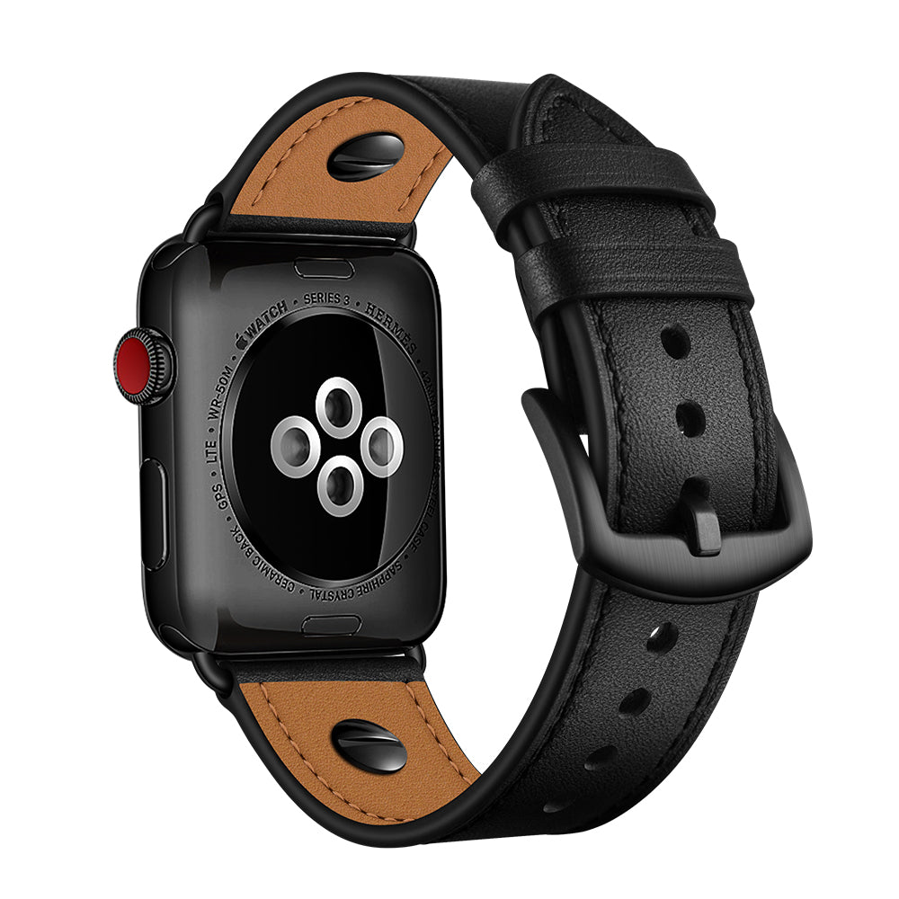 Rivet Decor Top Layer Genuine Leather Watch Strap Replacement for Apple Watch Series 8 45mm / Ultra 49mm / 7 45mm / Series 1 / 2 / 3 42mm / Series 4 / 5 / 6 / SE / SE (2022) 44mm - Black