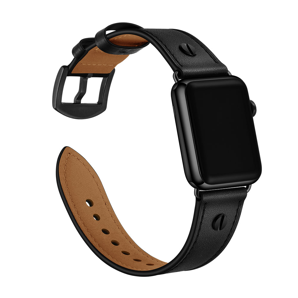 Rivet Decor Top Layer Genuine Leather Watch Strap Replacement for Apple Watch Series 8 45mm / Ultra 49mm / 7 45mm / Series 1 / 2 / 3 42mm / Series 4 / 5 / 6 / SE / SE (2022) 44mm - Black