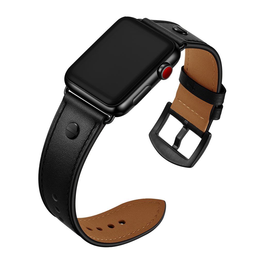 Rivet Decor Top Layer Genuine Leather Watch Strap Replacement for Apple Watch Series 8 45mm / Ultra 49mm / 7 45mm / Series 1 / 2 / 3 42mm / Series 4 / 5 / 6 / SE / SE (2022) 44mm - Black