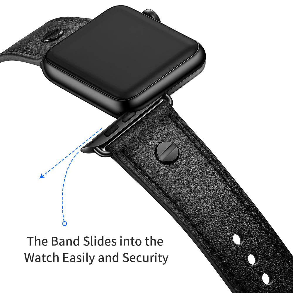 Rivet Decor Top Layer Genuine Leather Watch Strap Replacement for Apple Watch Series 8 45mm / Ultra 49mm / 7 45mm / Series 1 / 2 / 3 42mm / Series 4 / 5 / 6 / SE / SE (2022) 44mm - Black