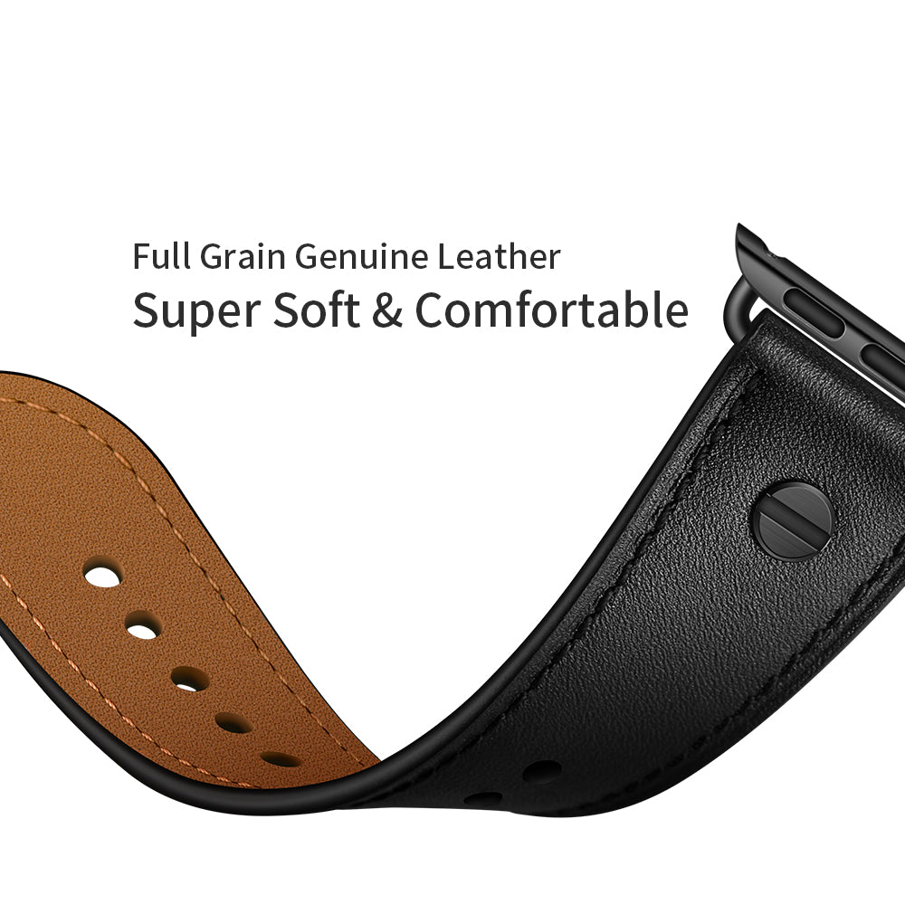 Rivet Decor Top Layer Genuine Leather Watch Strap Replacement for Apple Watch Series 8 45mm / Ultra 49mm / 7 45mm / Series 1 / 2 / 3 42mm / Series 4 / 5 / 6 / SE / SE (2022) 44mm - Black