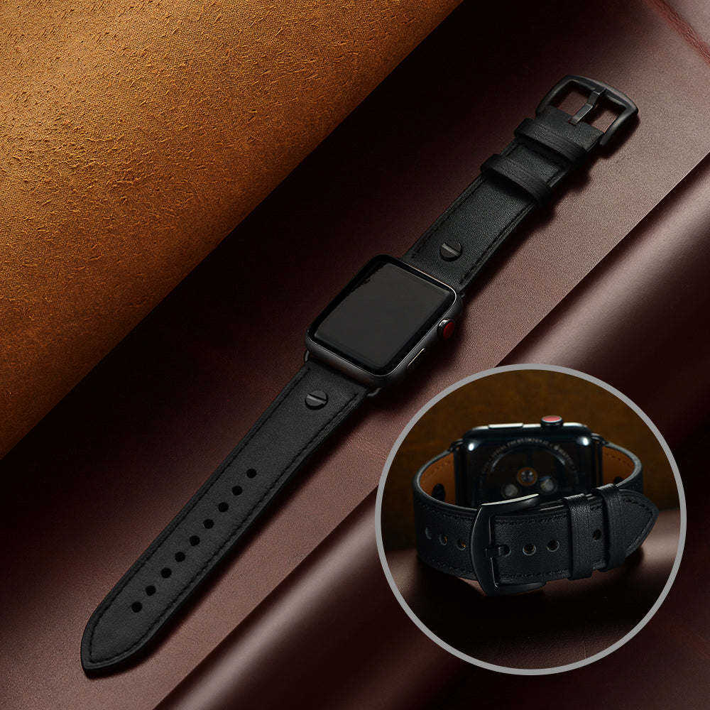 Rivet Decor Top Layer Genuine Leather Watch Strap Replacement for Apple Watch Series 8 45mm / Ultra 49mm / 7 45mm / Series 1 / 2 / 3 42mm / Series 4 / 5 / 6 / SE / SE (2022) 44mm - Black
