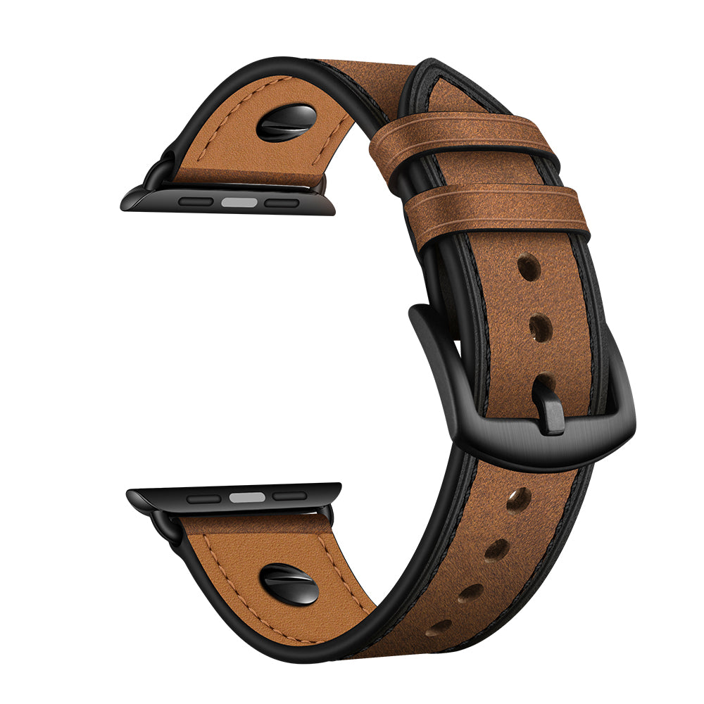 Rivet Decor Top Layer Genuine Leather Watch Strap Replacement for Apple Watch Series 8 45mm / Ultra 49mm / 7 45mm / Series 1 / 2 / 3 42mm / Series 4 / 5 / 6 / SE / SE (2022) 44mm - Crazy Horse Brown