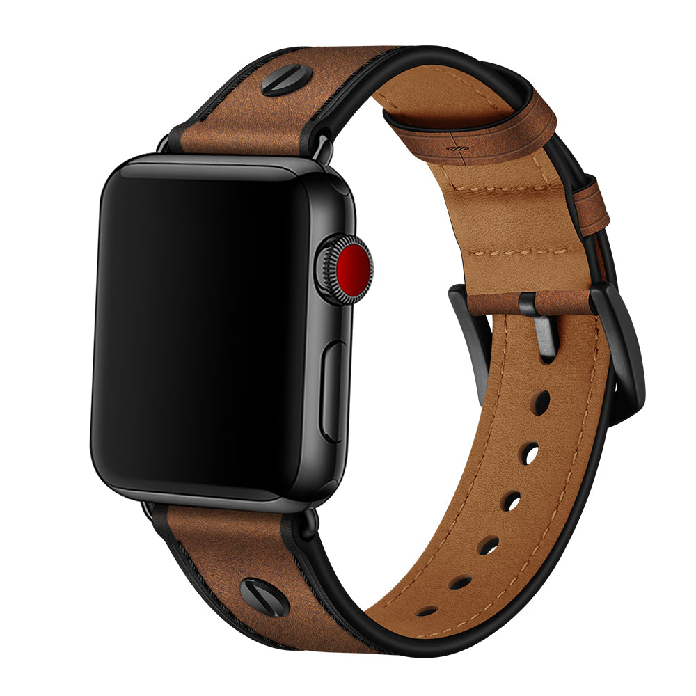Rivet Decor Top Layer Genuine Leather Watch Strap Replacement for Apple Watch Series 8 45mm / Ultra 49mm / 7 45mm / Series 1 / 2 / 3 42mm / Series 4 / 5 / 6 / SE / SE (2022) 44mm - Crazy Horse Brown