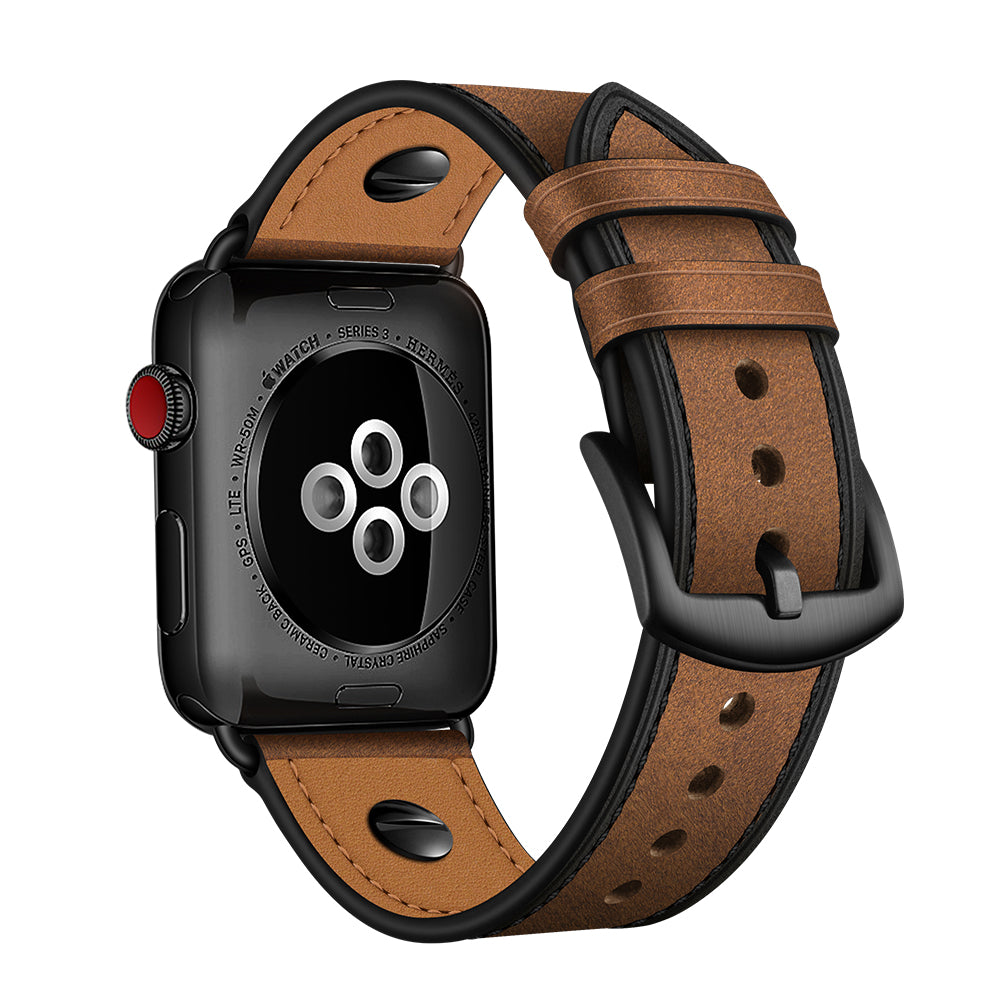 Rivet Decor Top Layer Genuine Leather Watch Strap Replacement for Apple Watch Series 8 45mm / Ultra 49mm / 7 45mm / Series 1 / 2 / 3 42mm / Series 4 / 5 / 6 / SE / SE (2022) 44mm - Crazy Horse Brown