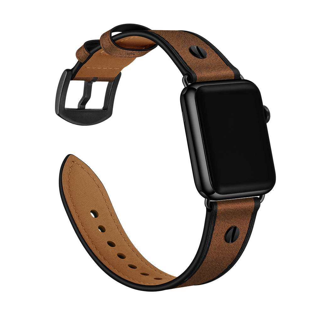Rivet Decor Top Layer Genuine Leather Watch Strap Replacement for Apple Watch Series 8 45mm / Ultra 49mm / 7 45mm / Series 1 / 2 / 3 42mm / Series 4 / 5 / 6 / SE / SE (2022) 44mm - Crazy Horse Brown