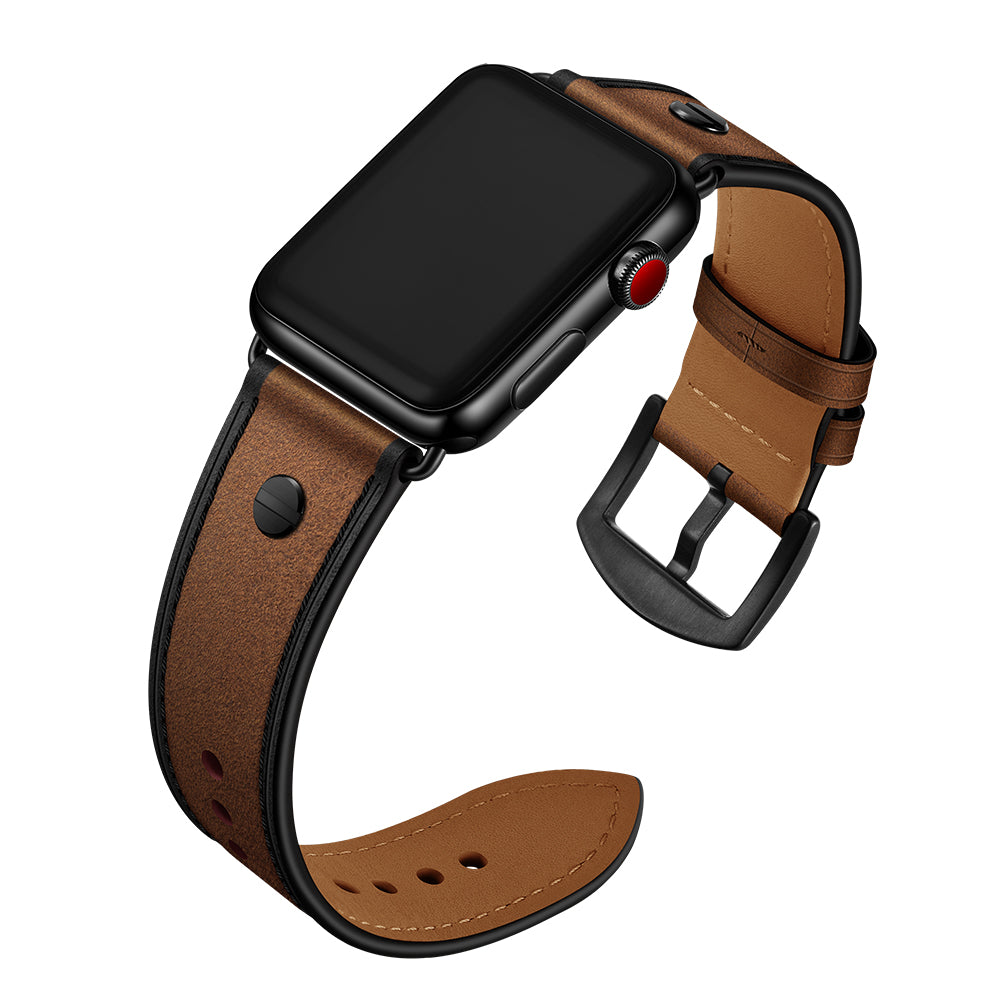 Rivet Decor Top Layer Genuine Leather Watch Strap Replacement for Apple Watch Series 8 45mm / Ultra 49mm / 7 45mm / Series 1 / 2 / 3 42mm / Series 4 / 5 / 6 / SE / SE (2022) 44mm - Crazy Horse Brown