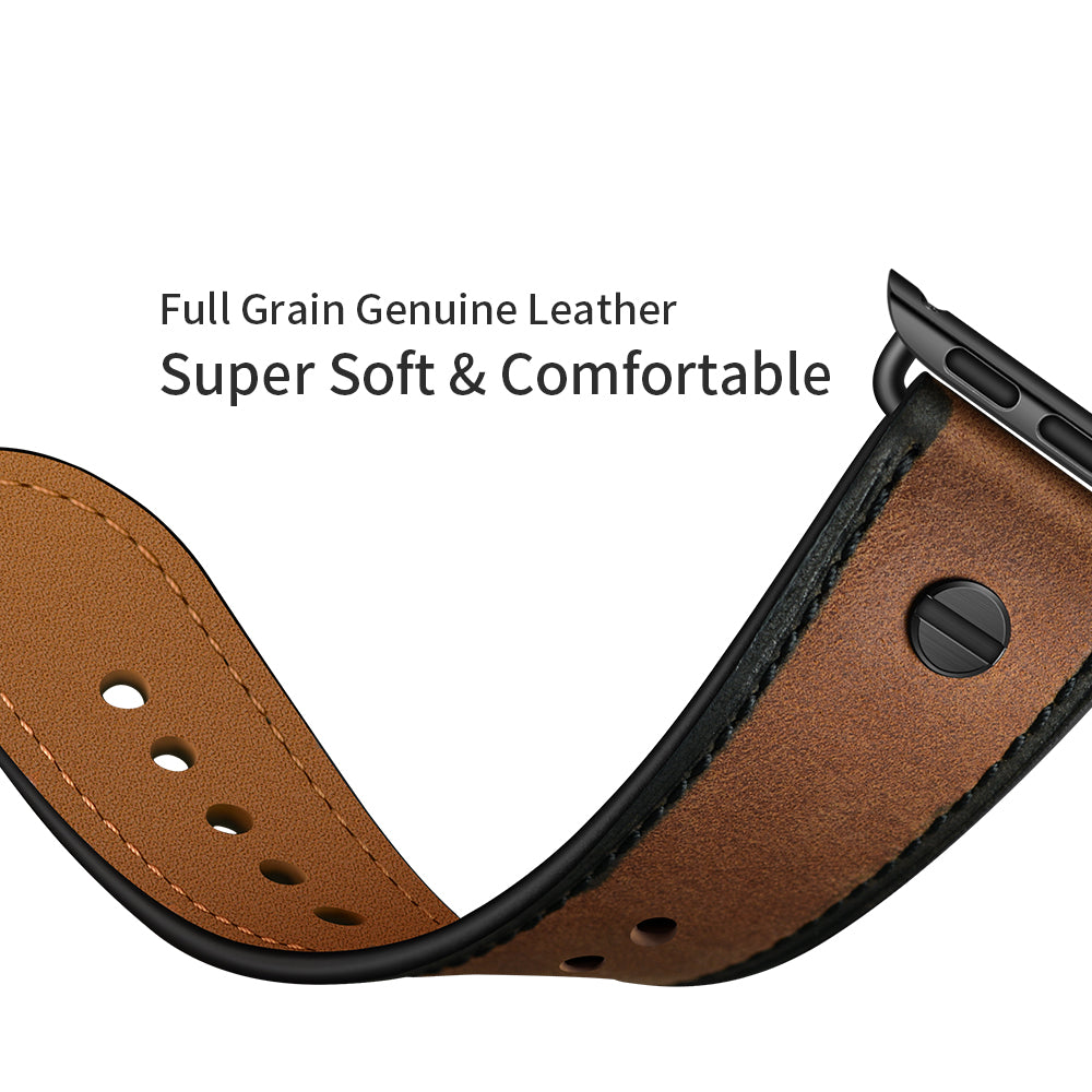 Rivet Decor Top Layer Genuine Leather Watch Strap Replacement for Apple Watch Series 8 45mm / Ultra 49mm / 7 45mm / Series 1 / 2 / 3 42mm / Series 4 / 5 / 6 / SE / SE (2022) 44mm - Crazy Horse Brown
