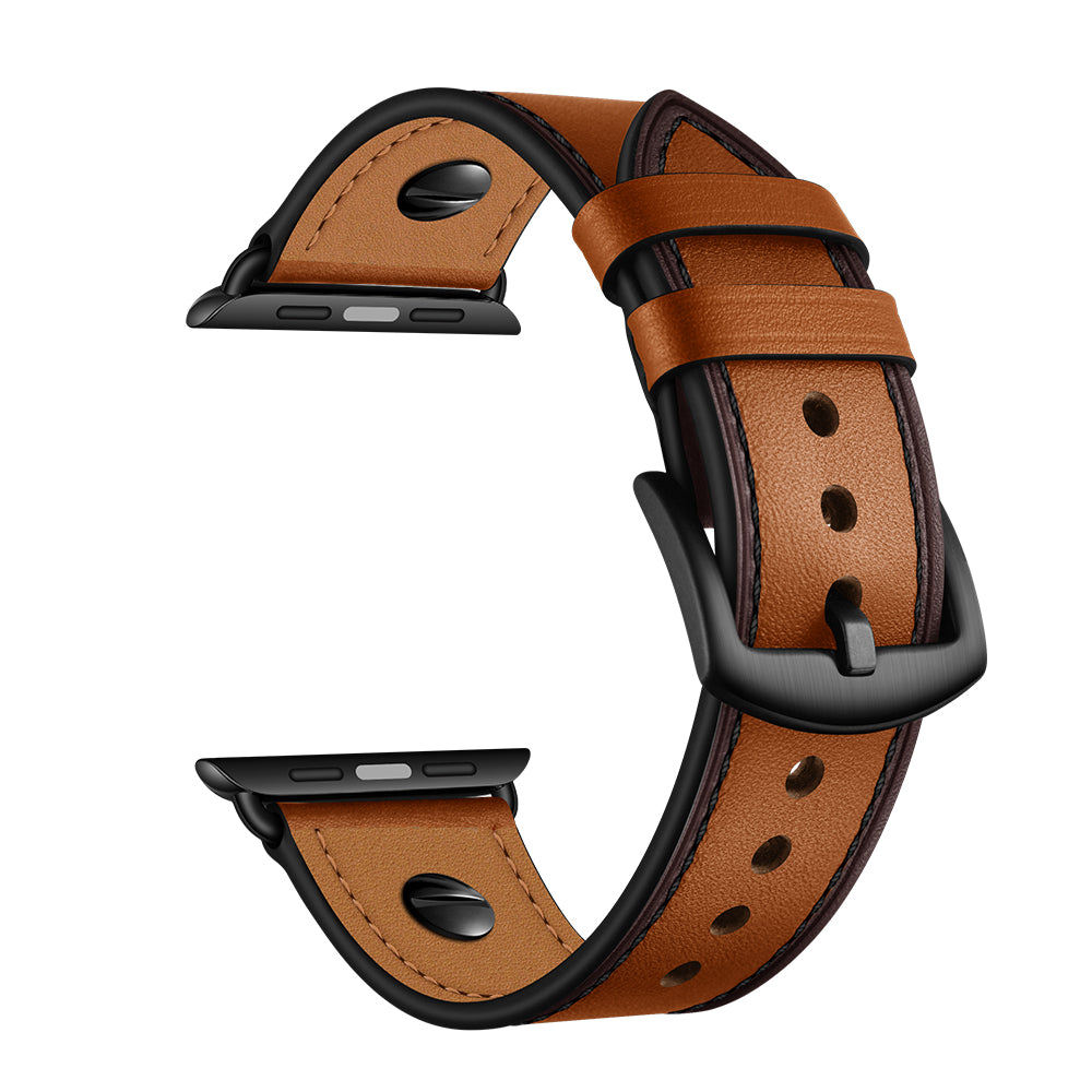 Rivet Decor Top Layer Genuine Leather Watch Strap Replacement for Apple Watch Series 8 45mm / Ultra 49mm / 7 45mm / Series 1 / 2 / 3 42mm / Series 4 / 5 / 6 / SE / SE (2022) 44mm - Brown