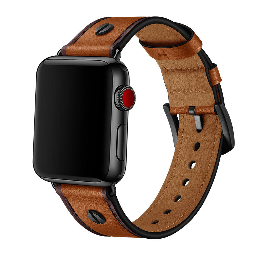 Rivet Decor Top Layer Genuine Leather Watch Strap Replacement for Apple Watch Series 8 45mm / Ultra 49mm / 7 45mm / Series 1 / 2 / 3 42mm / Series 4 / 5 / 6 / SE / SE (2022) 44mm - Brown