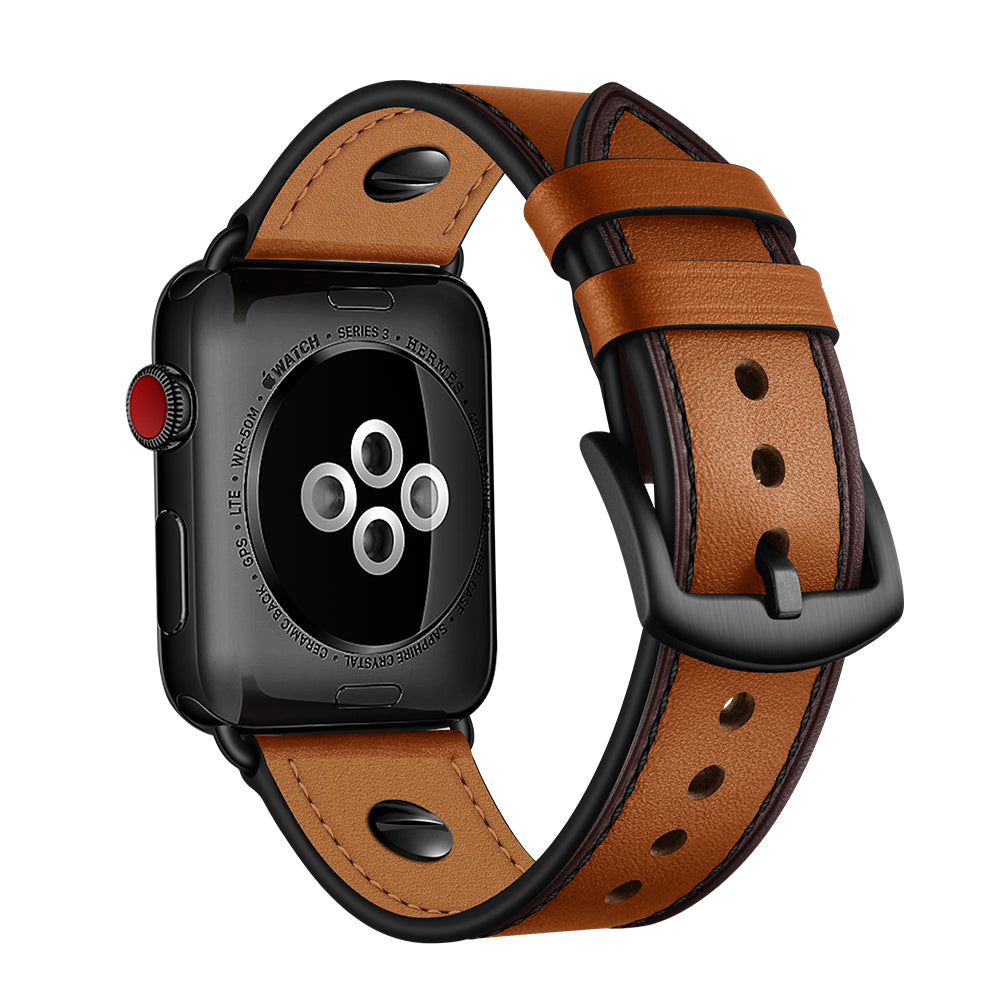 Rivet Decor Top Layer Genuine Leather Watch Strap Replacement for Apple Watch Series 8 45mm / Ultra 49mm / 7 45mm / Series 1 / 2 / 3 42mm / Series 4 / 5 / 6 / SE / SE (2022) 44mm - Brown
