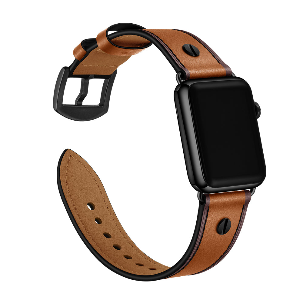 Rivet Decor Top Layer Genuine Leather Watch Strap Replacement for Apple Watch Series 8 45mm / Ultra 49mm / 7 45mm / Series 1 / 2 / 3 42mm / Series 4 / 5 / 6 / SE / SE (2022) 44mm - Brown