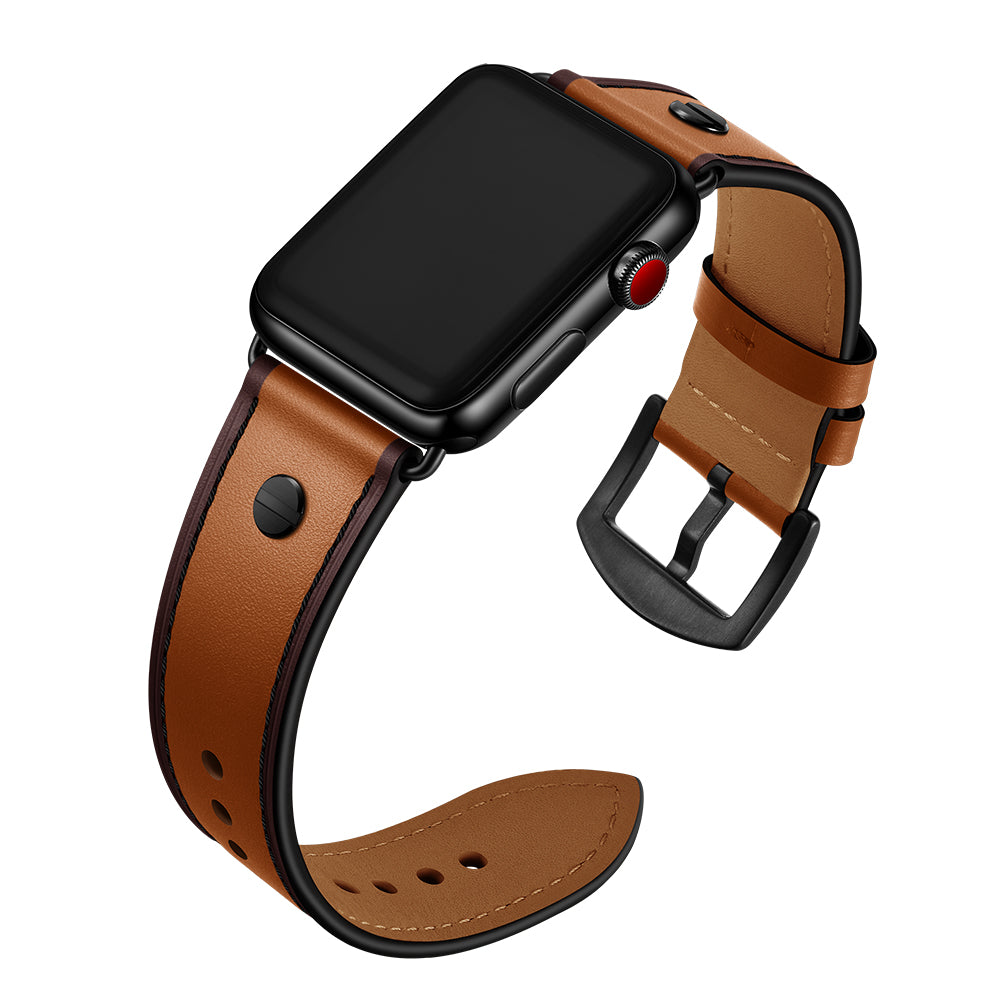 Rivet Decor Top Layer Genuine Leather Watch Strap Replacement for Apple Watch Series 8 45mm / Ultra 49mm / 7 45mm / Series 1 / 2 / 3 42mm / Series 4 / 5 / 6 / SE / SE (2022) 44mm - Brown