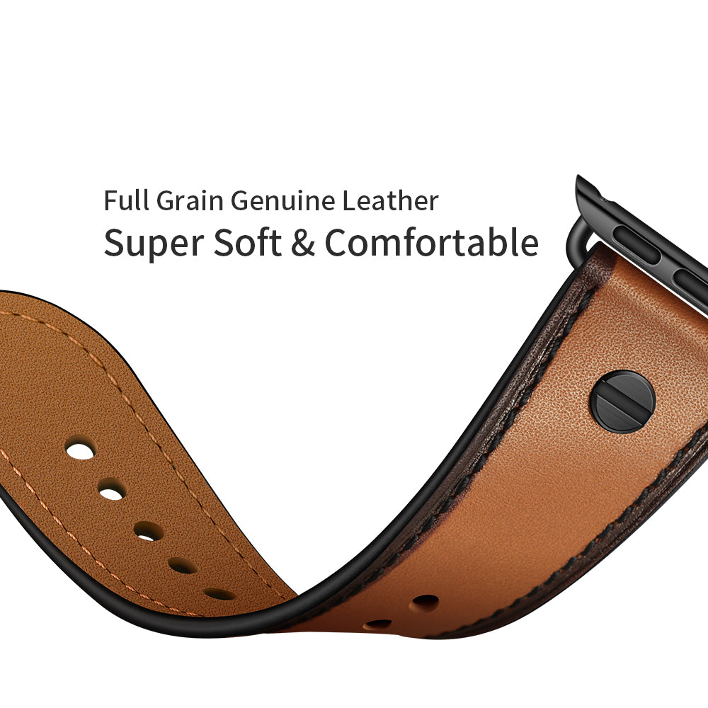 Rivet Decor Top Layer Genuine Leather Watch Strap Replacement for Apple Watch Series 8 45mm / Ultra 49mm / 7 45mm / Series 1 / 2 / 3 42mm / Series 4 / 5 / 6 / SE / SE (2022) 44mm - Brown