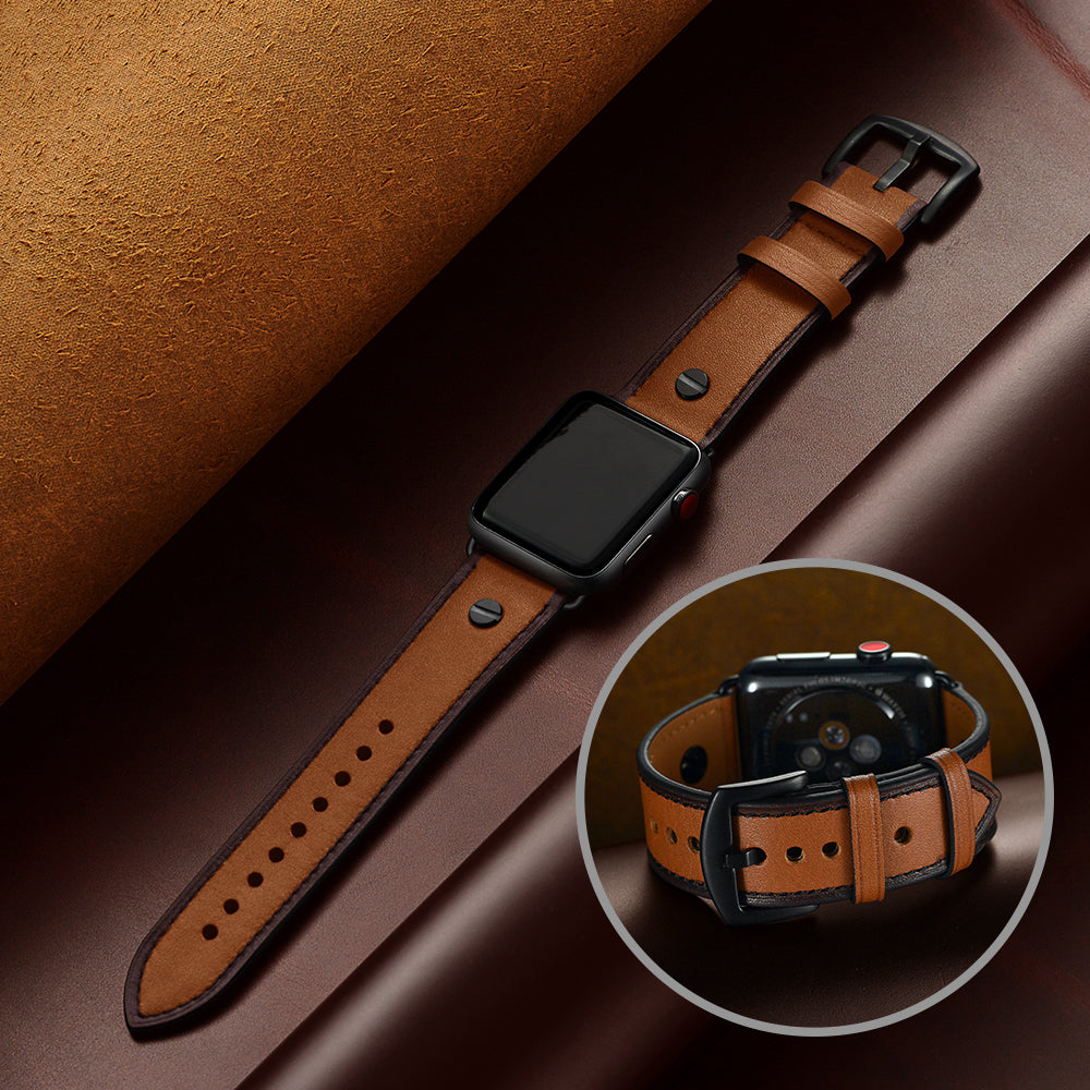 Rivet Decor Top Layer Genuine Leather Watch Strap Replacement for Apple Watch Series 8 45mm / Ultra 49mm / 7 45mm / Series 1 / 2 / 3 42mm / Series 4 / 5 / 6 / SE / SE (2022) 44mm - Brown