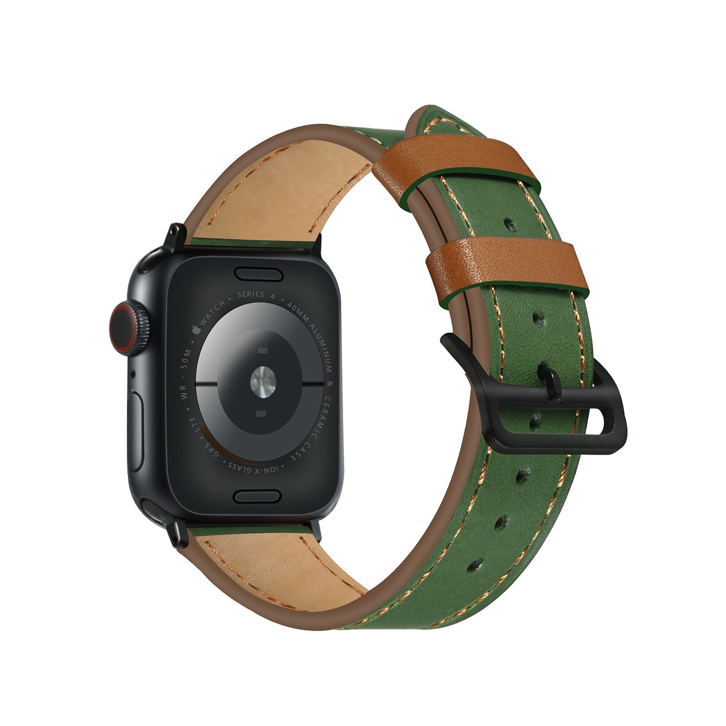 Fresh Contrast Color Genuine Leather Watch Strap for Apple Watch Series 8 7 41mm / Series 6 / SE / SE(2022) / 5 / 4 40mm, Series 3 / 2 / 1 38mm - Green / Brown Line