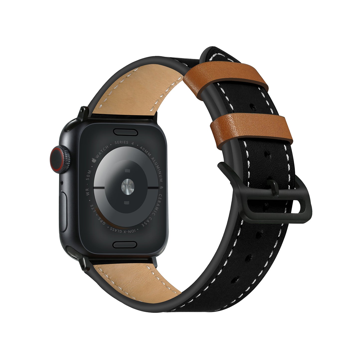 Fresh Contrast Color Genuine Leather Watch Strap for Apple Watch Series 8 7 41mm / Series 6 / SE / SE(2022) / 5 / 4 40mm, Series 3 / 2 / 1 38mm - Black