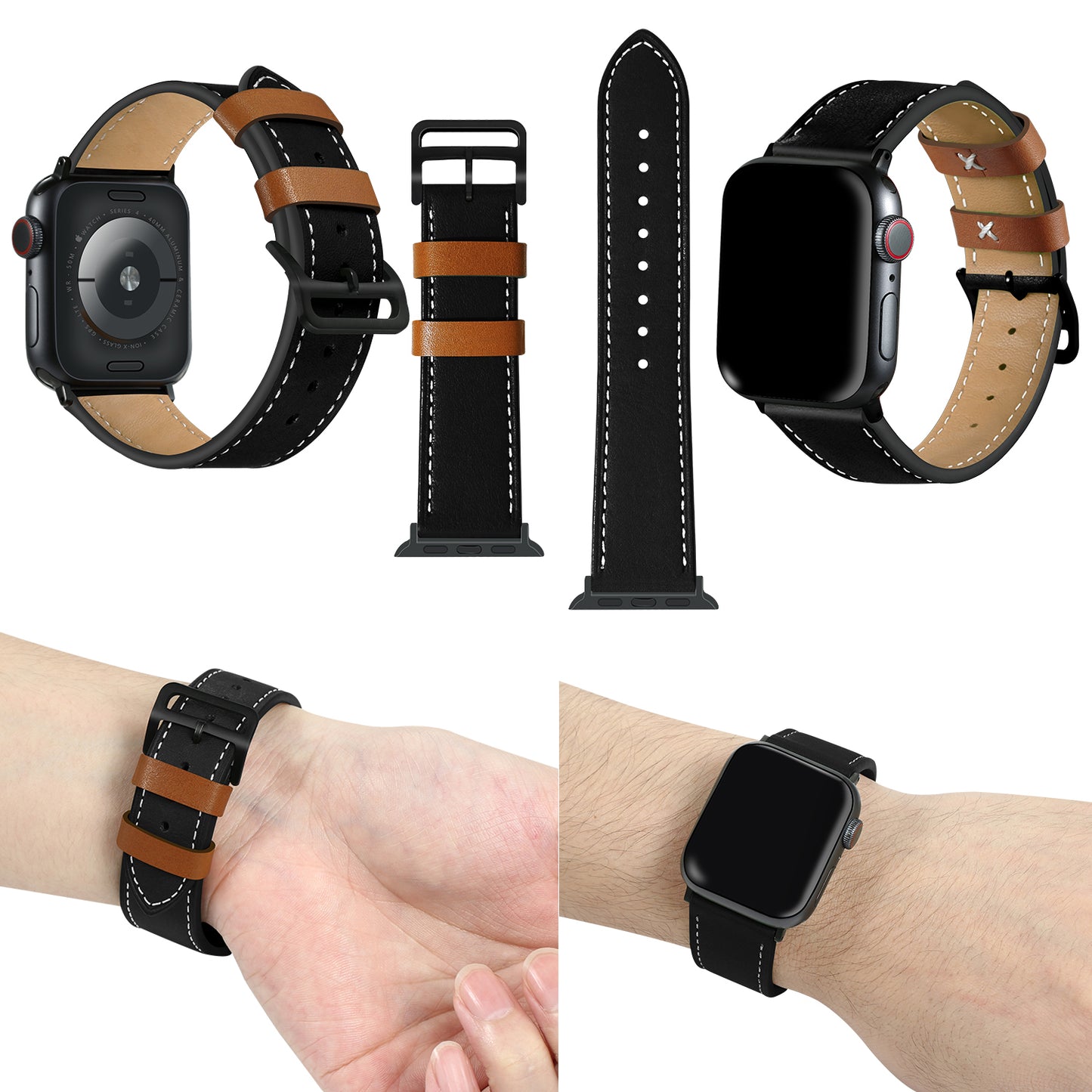 Fresh Contrast Color Genuine Leather Watch Strap for Apple Watch Series 8 7 41mm / Series 6 / SE / SE(2022) / 5 / 4 40mm, Series 3 / 2 / 1 38mm - Black