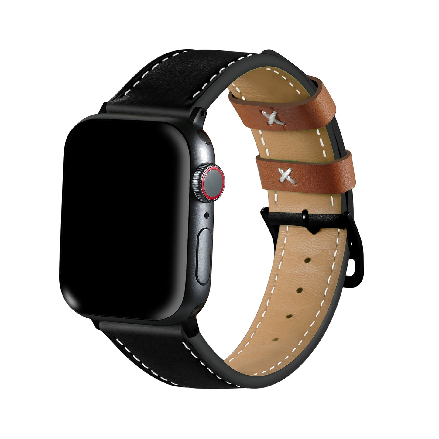 Fresh Contrast Color Genuine Leather Watch Strap for Apple Watch Series 8 7 41mm / Series 6 / SE / SE(2022) / 5 / 4 40mm, Series 3 / 2 / 1 38mm - Black