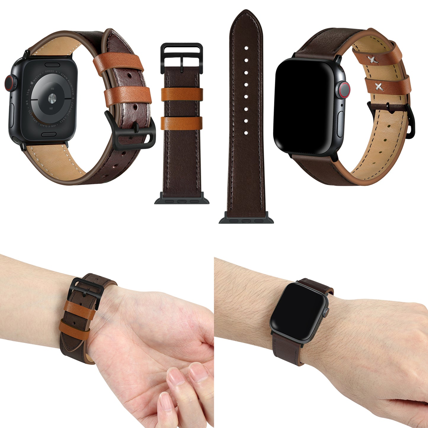 Fresh Contrast Color Genuine Leather Watch Strap for Apple Watch Series 8 7 41mm / Series 6 / SE / SE(2022) / 5 / 4 40mm, Series 3 / 2 / 1 38mm - Brown