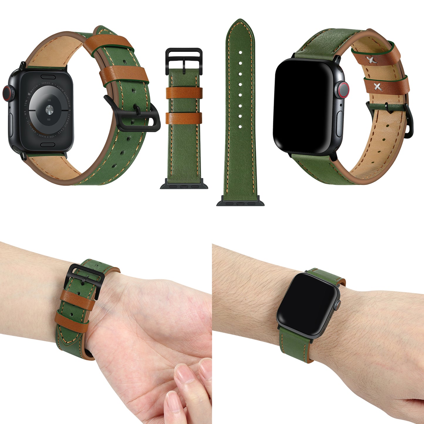 Fresh Contrast Color Genuine Leather Watch Strap for Apple Watch Series 8 45mm / Ultra 49mm / 7 45mm / Series 4 / 5 / 6 / SE / SE (2022) 44mm / Series 3 / 2 / 1 42mm - Green / Brown Line