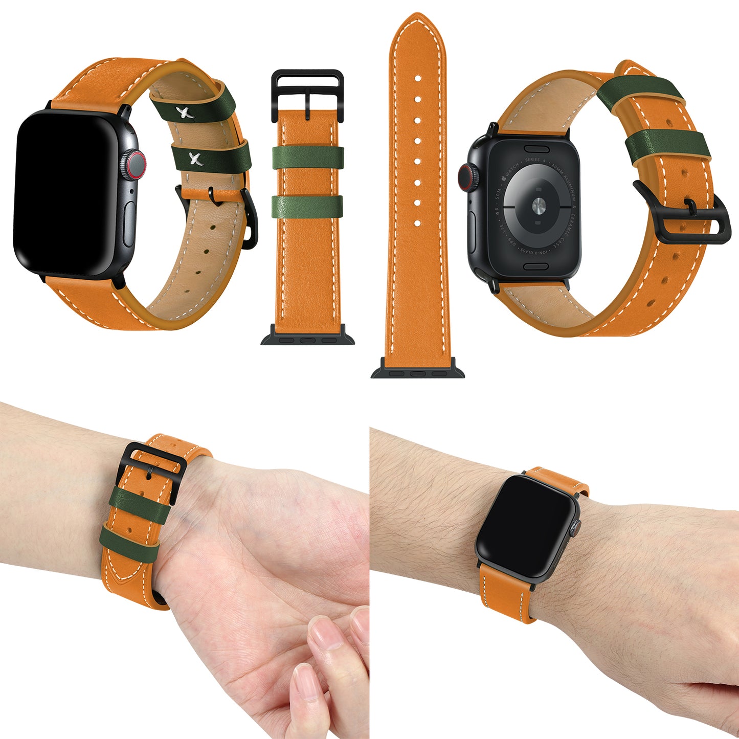 Fresh Contrast Color Genuine Leather Watch Strap for Apple Watch Series 8 45mm / Ultra 49mm / 7 45mm / Series 4 / 5 / 6 / SE / SE (2022) 44mm / Series 3 / 2 / 1 42mm - Orange