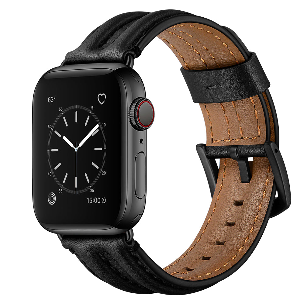 Top Layer Genuine Leather Watch Strap Band for Apple Watch Series 8 45mm / Ultra 49mm / 7 45mm / Series 6 / 5 / 4 / SE / SE (2022) 44m / Series 3 / 2 / 1 42mm - Black