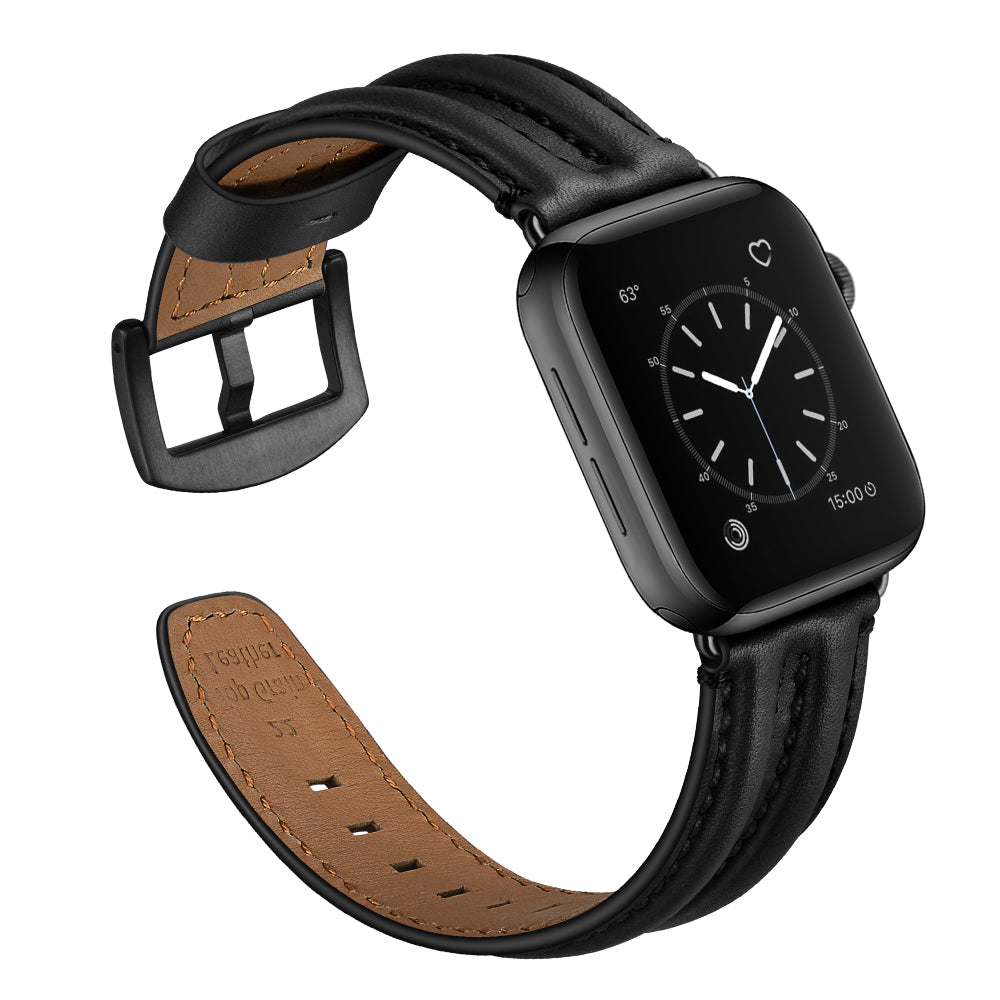 Top Layer Genuine Leather Watch Strap Band for Apple Watch Series 8 45mm / Ultra 49mm / 7 45mm / Series 6 / 5 / 4 / SE / SE (2022) 44m / Series 3 / 2 / 1 42mm - Black