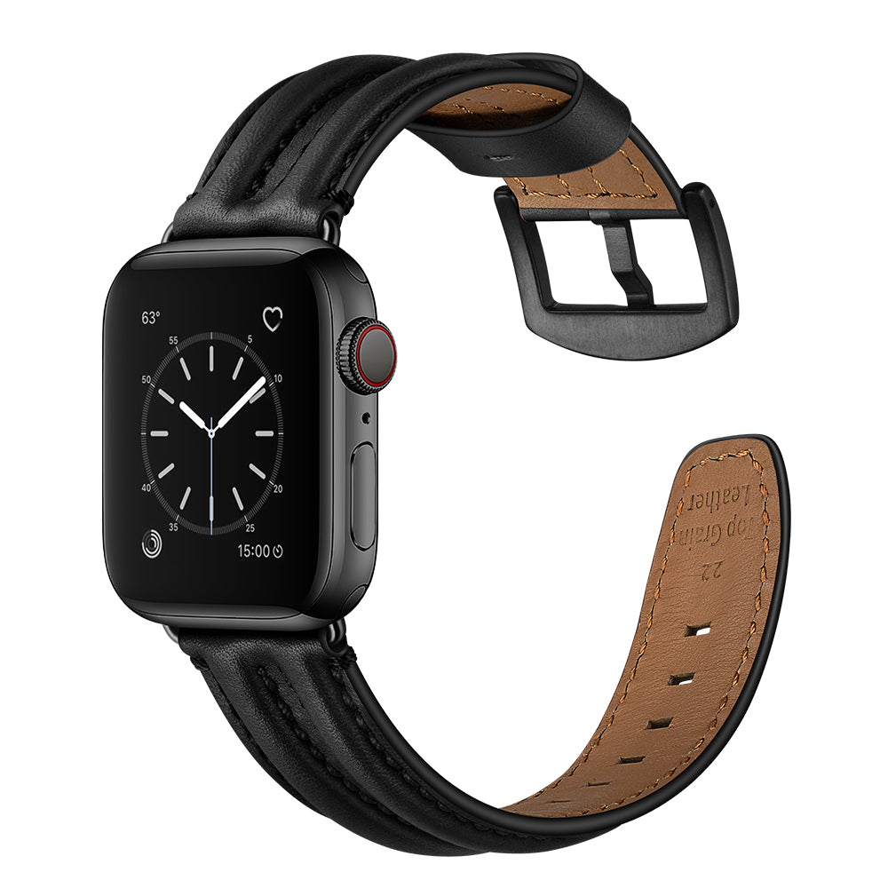 Top Layer Genuine Leather Watch Strap Band for Apple Watch Series 8 45mm / Ultra 49mm / 7 45mm / Series 6 / 5 / 4 / SE / SE (2022) 44m / Series 3 / 2 / 1 42mm - Black