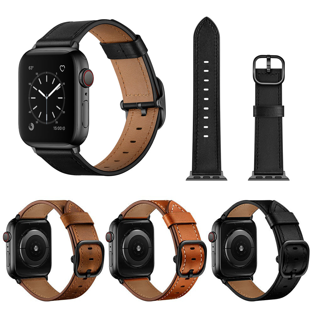 Genuine Leather Watch Band Replacement for Apple Watch Ultra 49mm / Series 8 / 7 45mm / Series 6 / SE / SE (2022) / 5 / 4 44mm / Series 1 / 2 / 3 42mm - Black