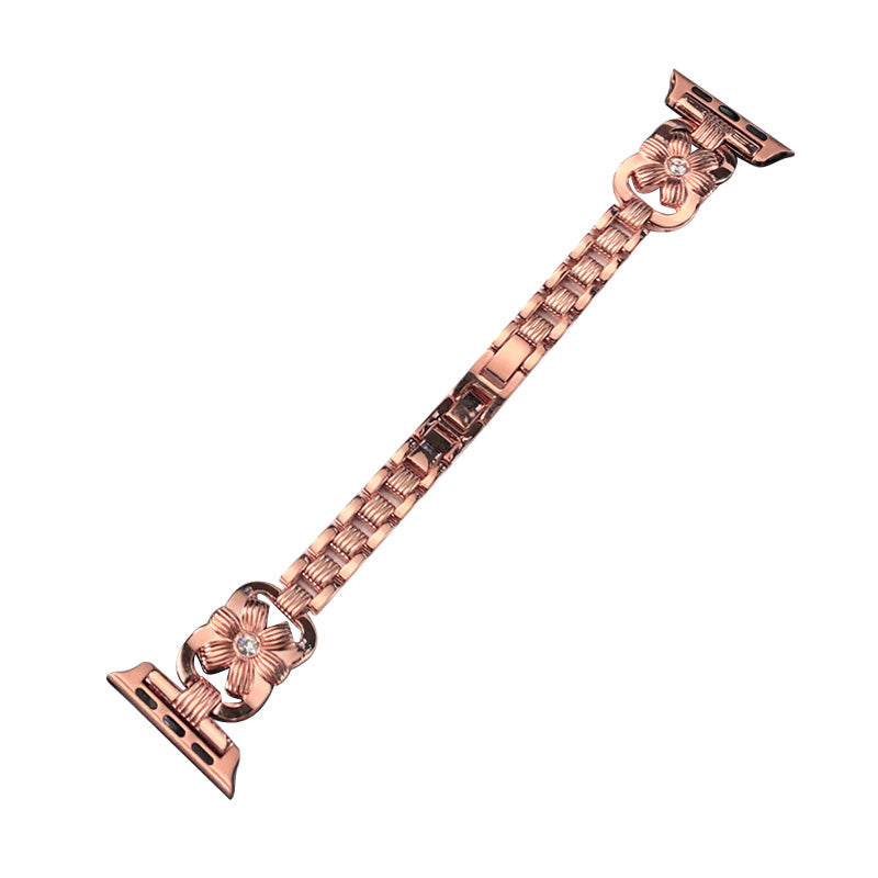 XINCUCO Stainless Steel Chrysanthemum Shaped Rhinestone Decor Watch Strap Replacement for Apple Watch Series 7 / 8 41mm / SE / SE(2022) / Series 6 / 5 / 4 40mm / Series3 / 2 / 1 38mm - Rose Gold