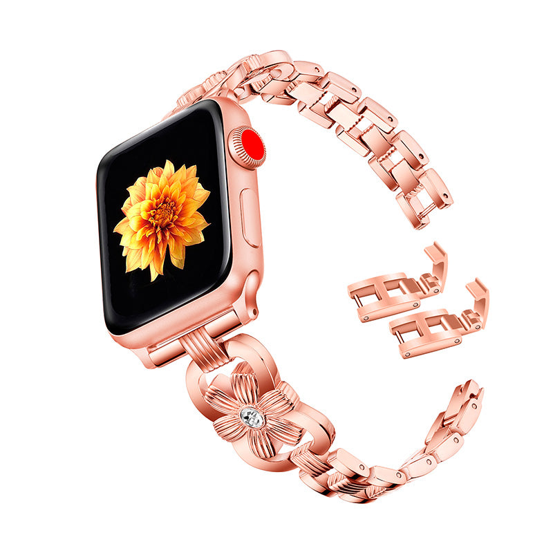 XINCUCO Stainless Steel Chrysanthemum Shaped Rhinestone Decor Watch Strap Replacement for Apple Watch Series 7 / 8 41mm / SE / SE(2022) / Series 6 / 5 / 4 40mm / Series3 / 2 / 1 38mm - Rose Gold