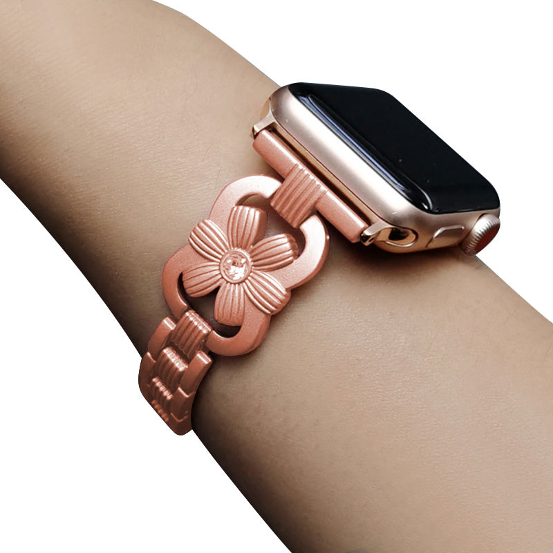 XINCUCO Stainless Steel Chrysanthemum Shaped Rhinestone Decor Watch Strap Replacement for Apple Watch Series 7 / 8 41mm / SE / SE(2022) / Series 6 / 5 / 4 40mm / Series3 / 2 / 1 38mm - Rose Gold
