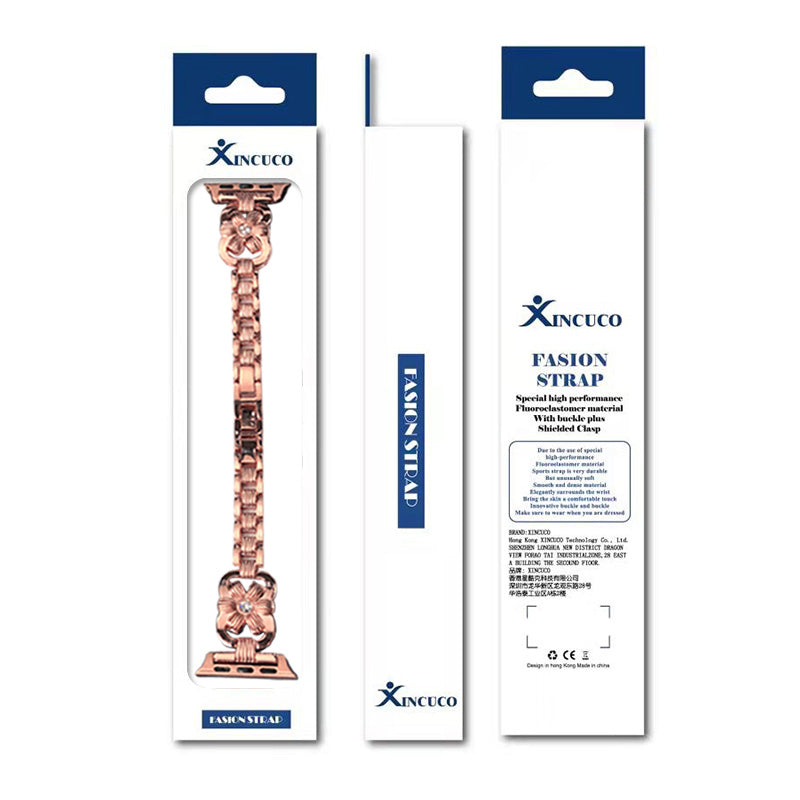 XINCUCO Stainless Steel Chrysanthemum Shaped Rhinestone Decor Watch Strap Replacement for Apple Watch Series 7 / 8 41mm / SE / SE(2022) / Series 6 / 5 / 4 40mm / Series3 / 2 / 1 38mm - Rose Gold