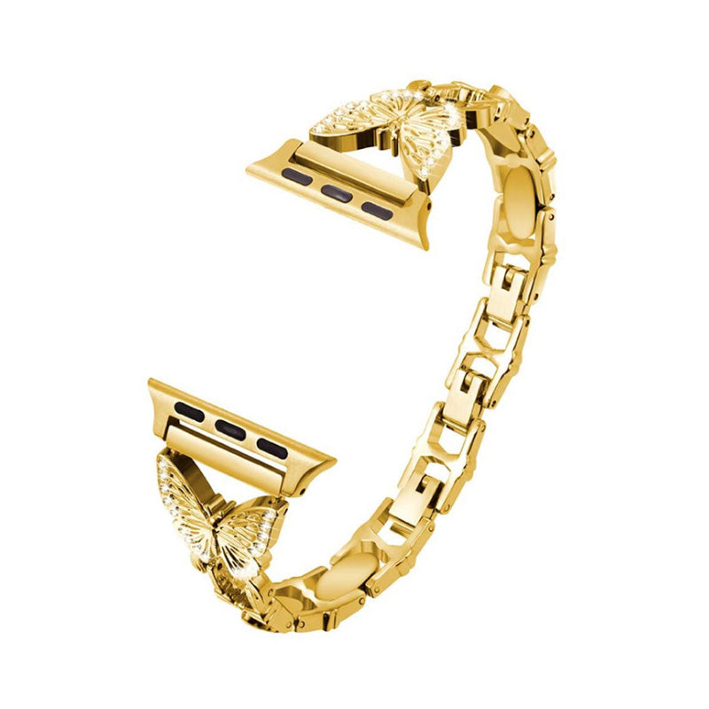 XINCUCO Stainless Steel Butterfly Shape Rhinestone Decor Watch Strap Replacement for Apple Watch Series 7 / 8 41mm / SE / SE(2022) / Series 6 / 5 / 4 40mm / Series3 / 2 / 1 38mm - Gold