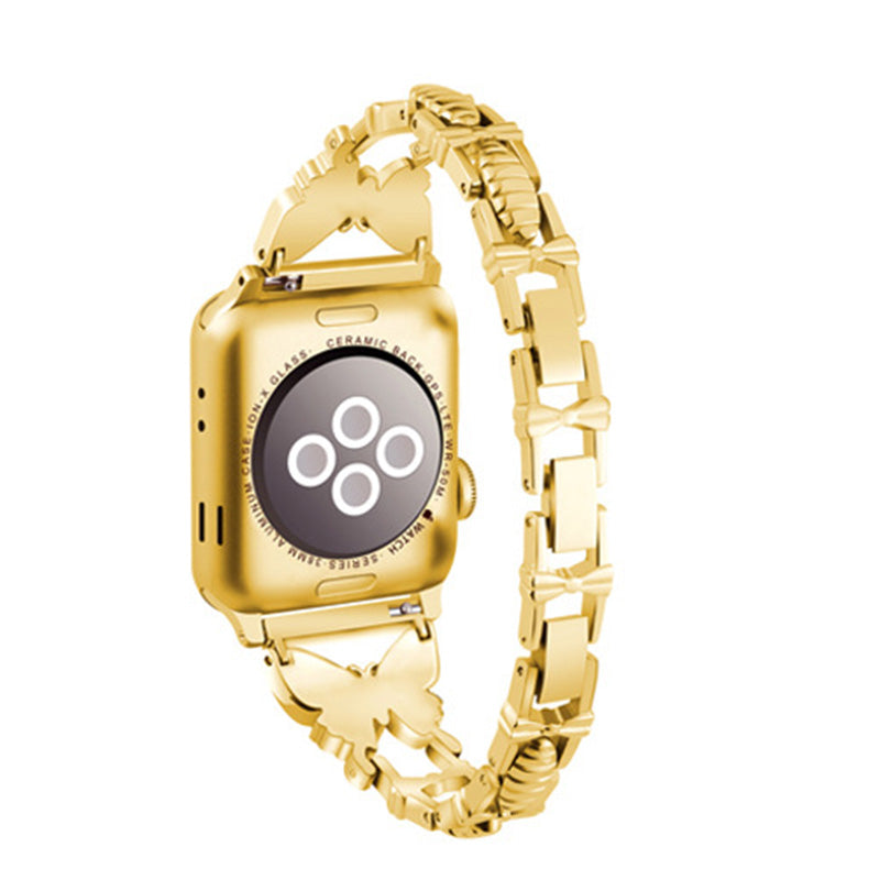 XINCUCO Stainless Steel Butterfly Shape Rhinestone Decor Watch Strap Replacement for Apple Watch Series 7 / 8 41mm / SE / SE(2022) / Series 6 / 5 / 4 40mm / Series3 / 2 / 1 38mm - Gold