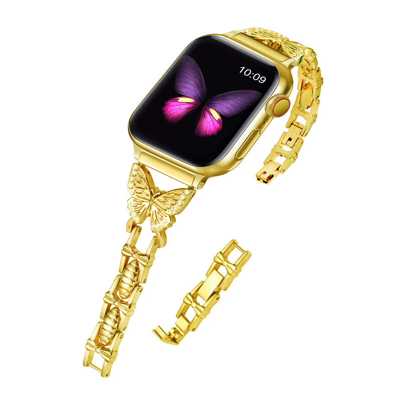 XINCUCO Stainless Steel Butterfly Shape Rhinestone Decor Watch Strap Replacement for Apple Watch Series 7 / 8 41mm / SE / SE(2022) / Series 6 / 5 / 4 40mm / Series3 / 2 / 1 38mm - Gold