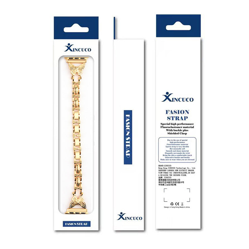 XINCUCO Stainless Steel Butterfly Shape Rhinestone Decor Watch Strap Replacement for Apple Watch Series 7 / 8 41mm / SE / SE(2022) / Series 6 / 5 / 4 40mm / Series3 / 2 / 1 38mm - Gold