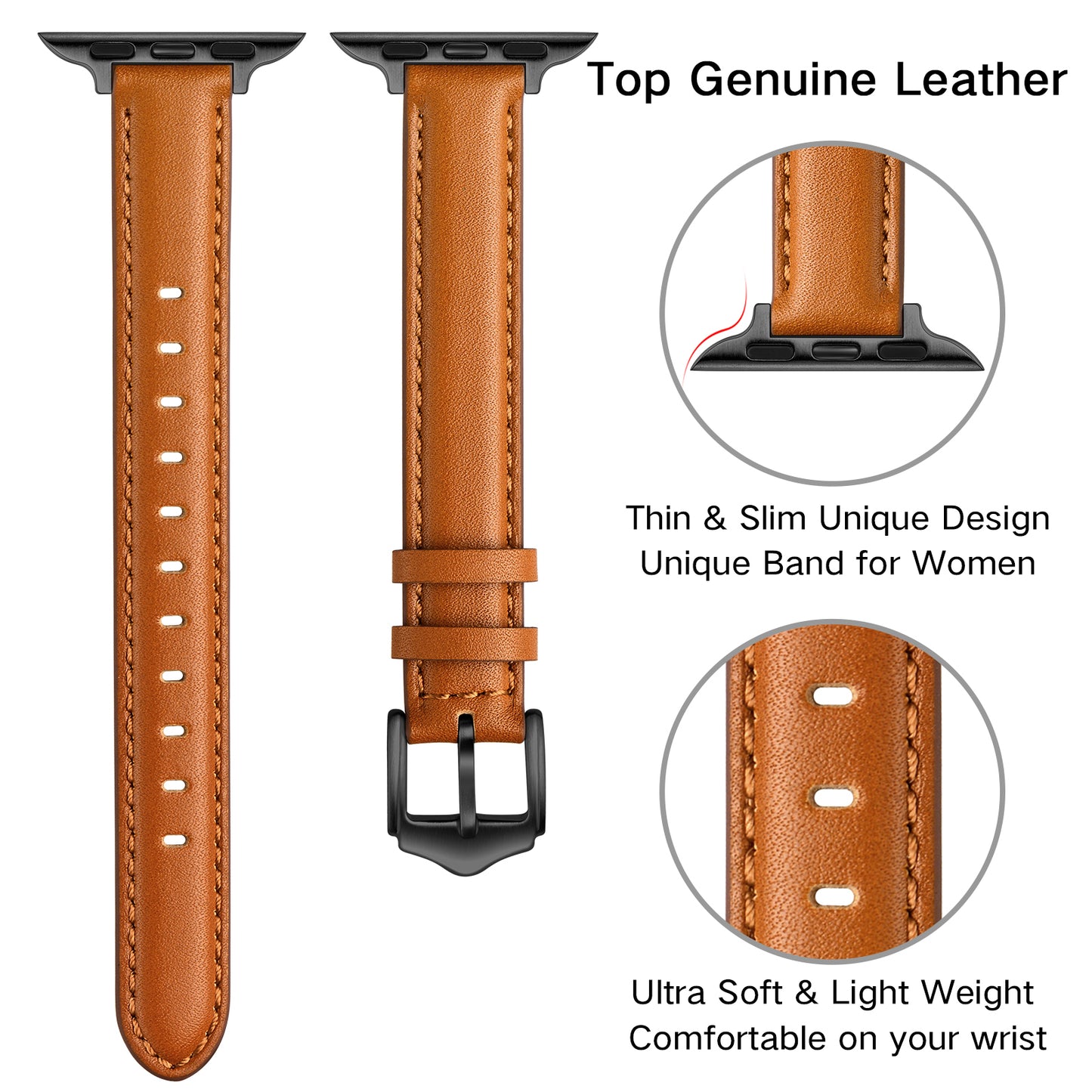 Genuine Leather Replacement Smart Watch Band Adjustable Wrist Strap for Watch Ultra 49mm / Series 8 / 7 45mm / Series 6 / 5 / 4 / SE / SE (2022) 44mm / Series 3 / 2 / 1 42mm - Brown / Black Buckle