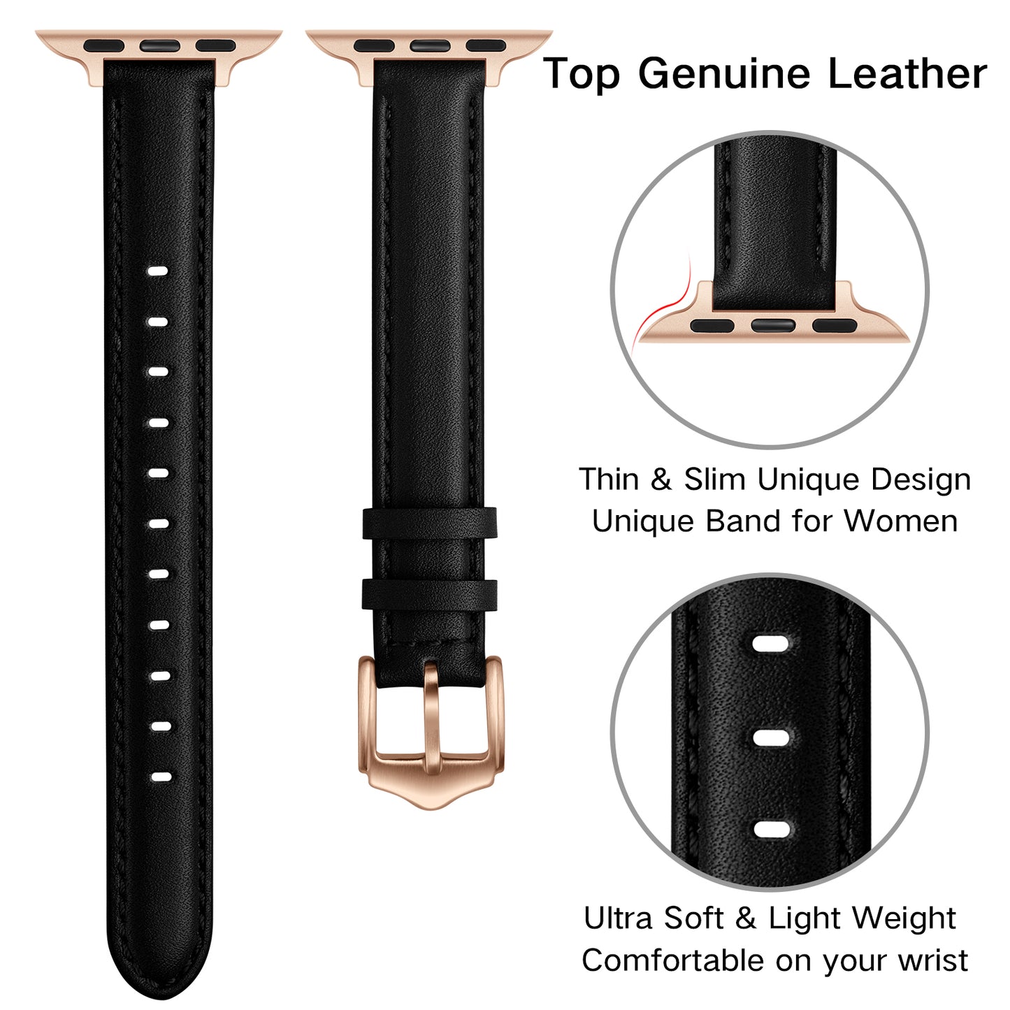 Genuine Leather Replacement Smart Watch Band Adjustable Wrist Strap for Watch Ultra 49mm / Series 8 / 7 45mm / Series 6 / 5 / 4 / SE / SE (2022) 44mm / Series 3 / 2 / 1 42mm - Black / Rose Gold Buckle