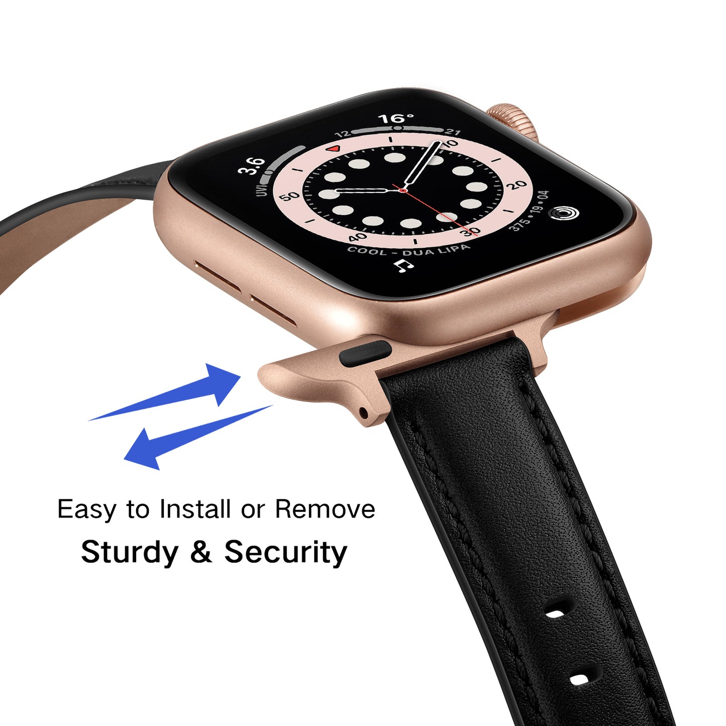 Genuine Leather Replacement Smart Watch Band Adjustable Wrist Strap for Watch Ultra 49mm / Series 8 / 7 45mm / Series 6 / 5 / 4 / SE / SE (2022) 44mm / Series 3 / 2 / 1 42mm - Black / Rose Gold Buckle