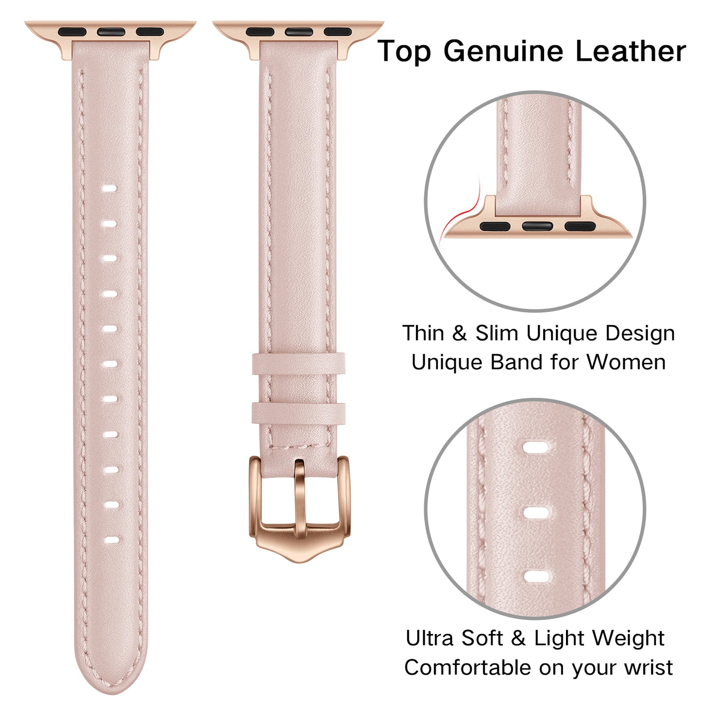 Genuine Leather Replacement Smart Watch Band Adjustable Wrist Strap for Watch Ultra 49mm / Series 8 / 7 45mm / Series 6 / 5 / 4 / SE / SE (2022) 44mm / Series 3 / 2 / 1 42mm - Pink / Rose Gold Buckle