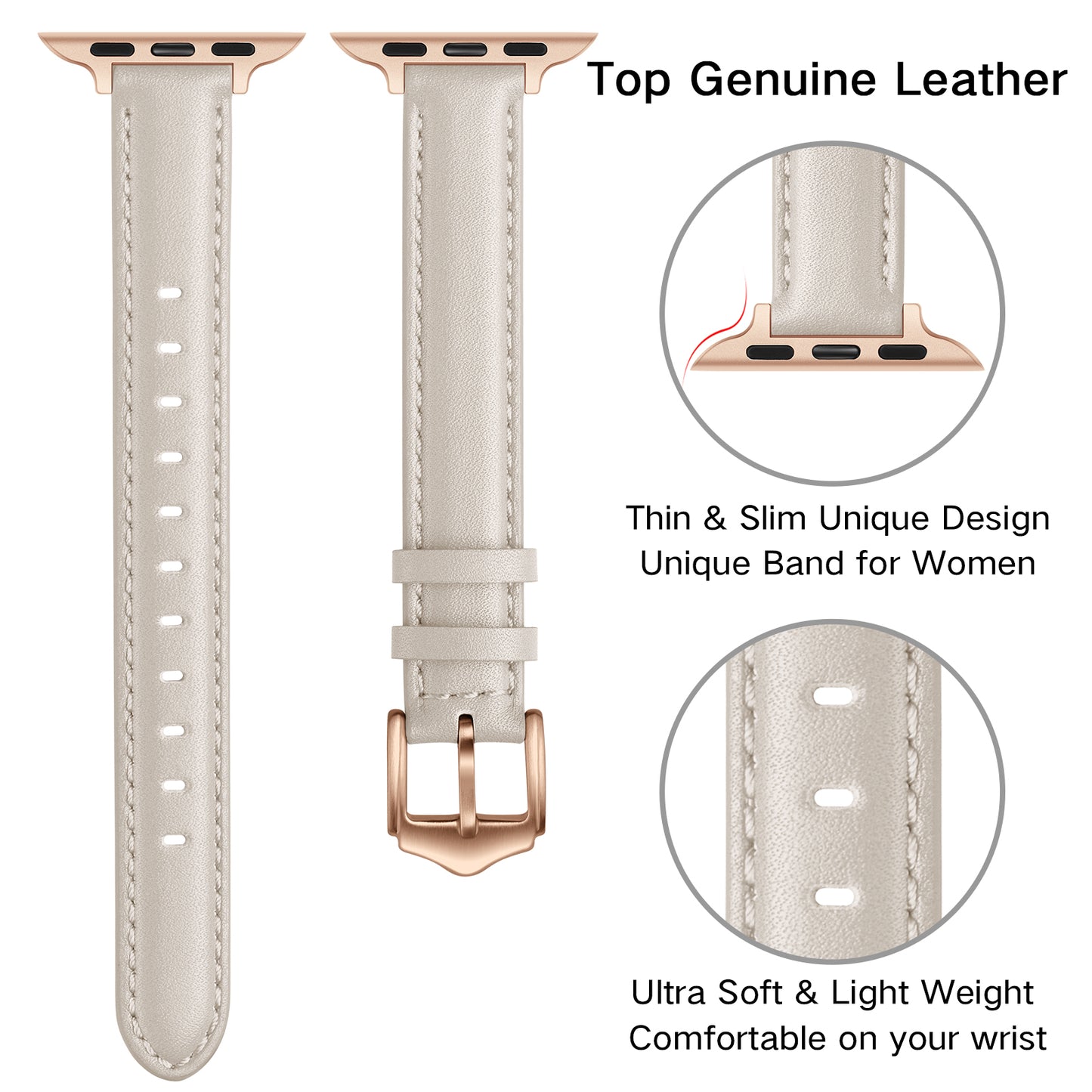 Genuine Leather Replacement Smart Watch Band Adjustable Wrist Strap for Watch Ultra 49mm / Series 8 / 7 45mm / Series 6 / 5 / 4 / SE / SE (2022) 44mm / Series 3 / 2 / 1 42mm - Beige / Rose Gold Buckle
