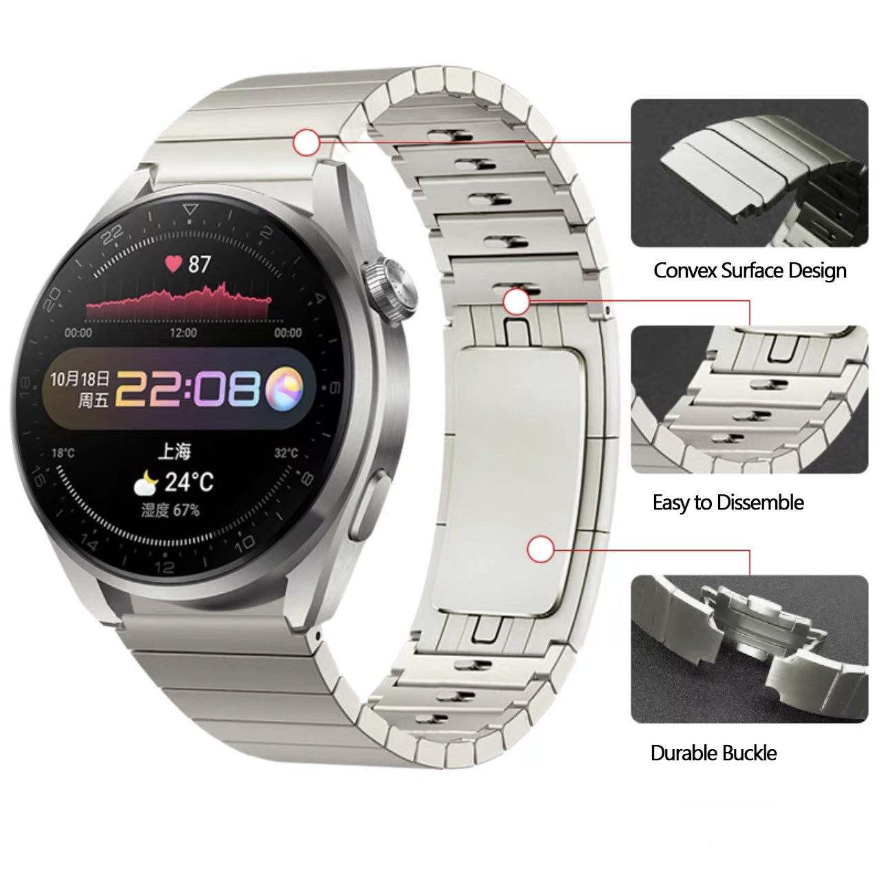 22mm Stainless Steel Quick Release Smart Watch Band Bracelet Strap Replacement for Huawei Watch GT 2 Pro Porsche - Silver