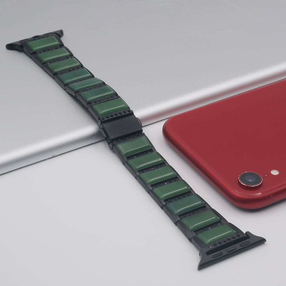 Rhinestone Synthetic Jade Decor Watch Band Stainless Steel Wrist Strap for Apple Watch Series 8 41mm / Series 7 41mm / Watch Series 6 / SE / SE(2022) / 5 / 4 40mm / Watch Series 3 / 2 / 1 38mm - Black / Green